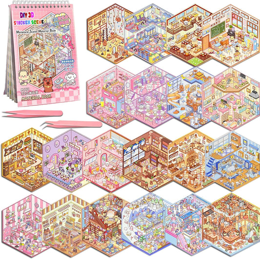 2026 New Model-20 Sets DIY 3D Sticker Scene Collection Book DIY 3D House Stickers Make Your Own Sticker Therapy Cute Cartoon Stickers Scenes for Relief Stress Pass The Time (Blue - 20 Sets)